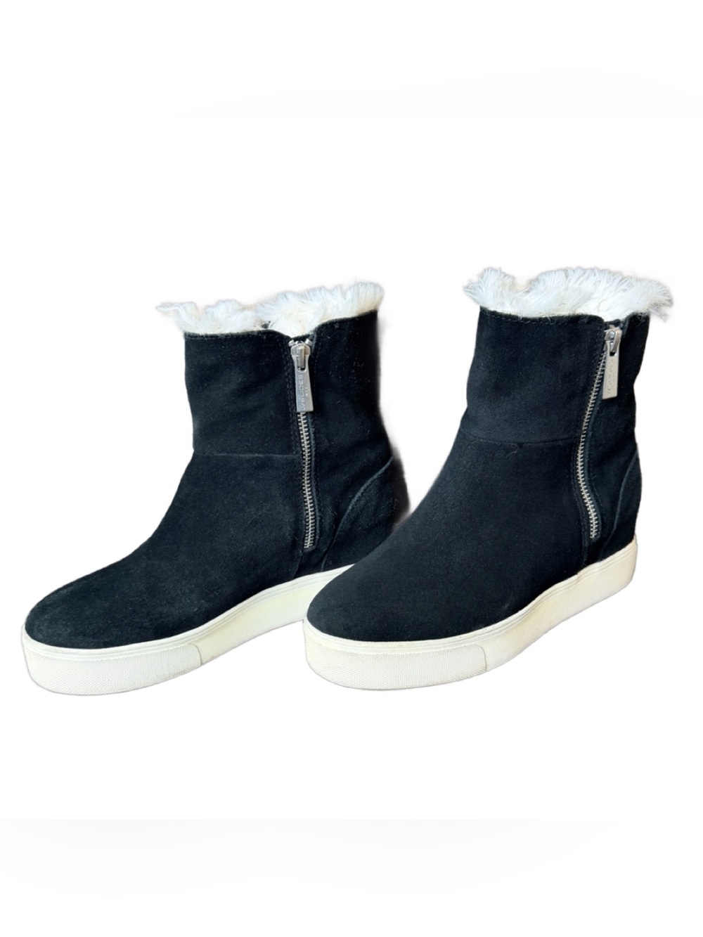 J/SLIDES Black Suede Faux-Fur Zip Wedge Ankle Boots